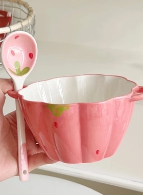 6英寸草莓花边碗双耳碗釉下彩早餐碗家用陶瓷[一碗一勺]学生饭碗