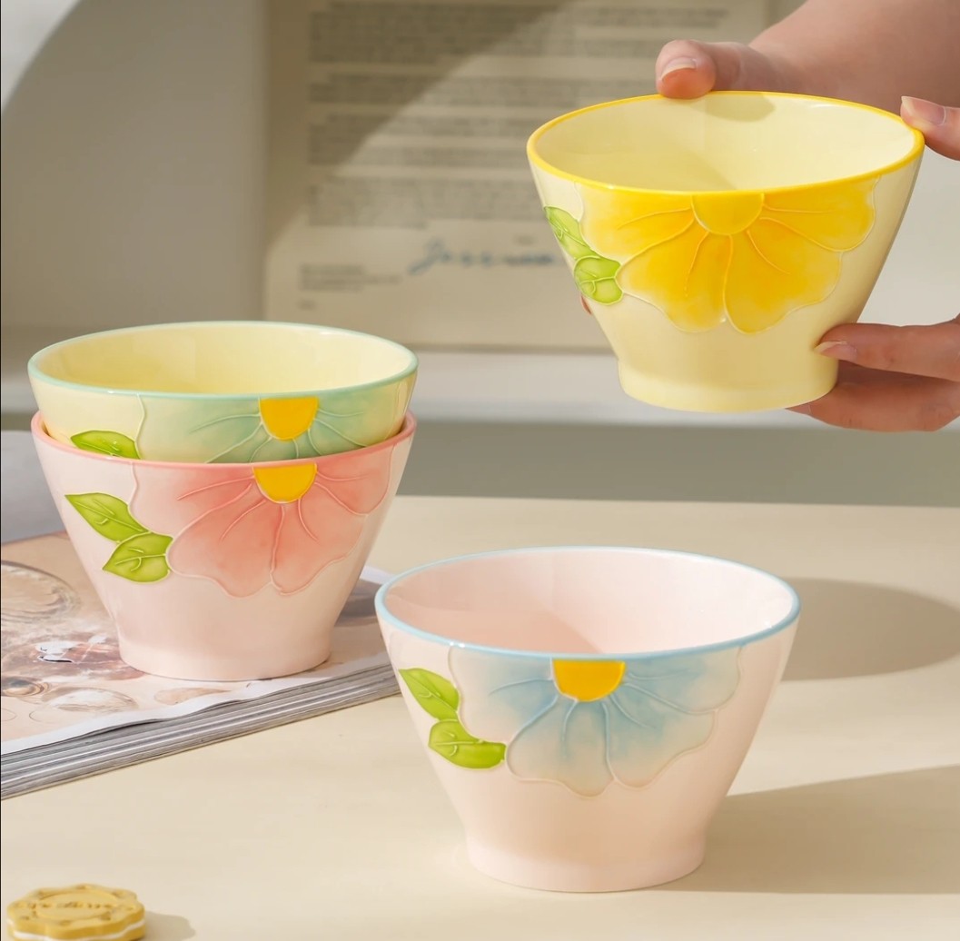 【清晨物语】混色4个装5英寸陶瓷斗笠碗手绘浮雕釉下彩米饭碗,餐饮具,碗,淘宝优惠券,粉丝福利购,淘宝优惠卷