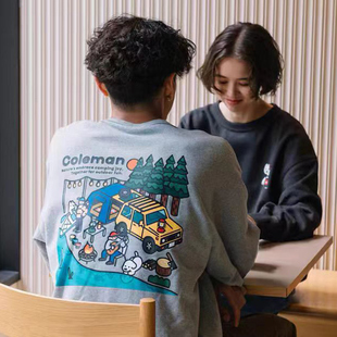 Coleman露营河边户外小狗卡通印花圆领卫衣男女秋季宽松纯棉长袖