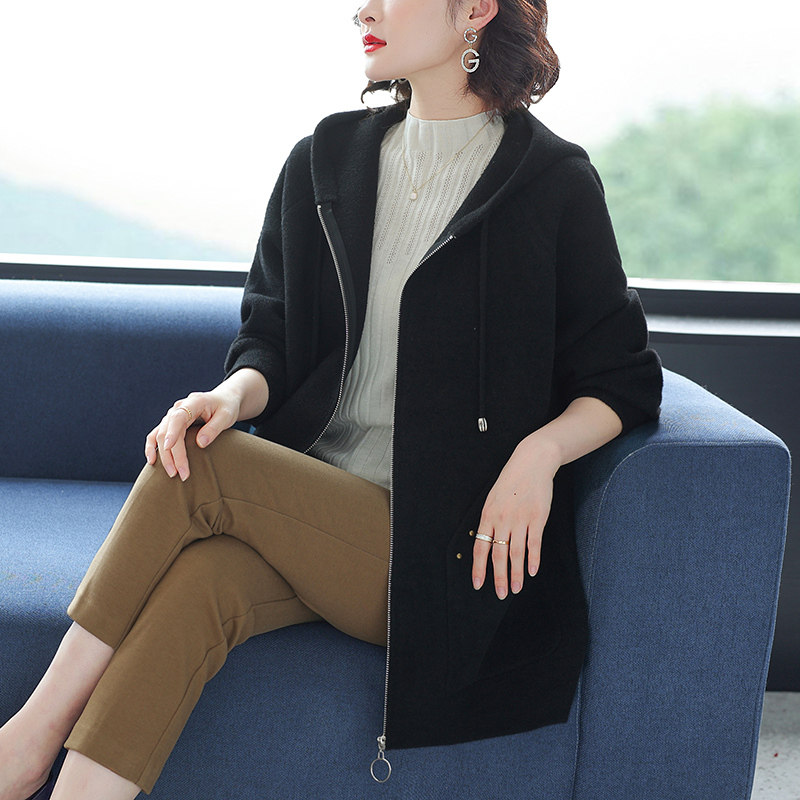 毛呢女2024春秋连帽宽松大码开衫妈妈装加厚中长款毛衣外套