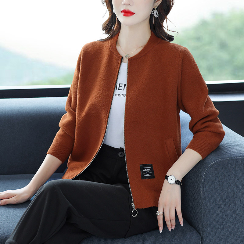 棒球服2024春秋新款短外套中年妈妈装拉链针织上衣时尚毛衣开衫图片