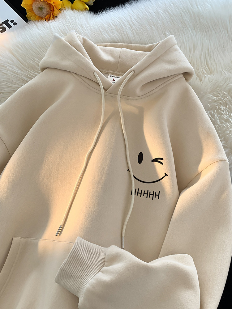 웃는 얼굴 후드 티셔츠 남성 봄 가을 겨울 2024 새로운 트렌디 브랜드 헤비 루즈 플러스 벨벳 소년 코트 탑 의류