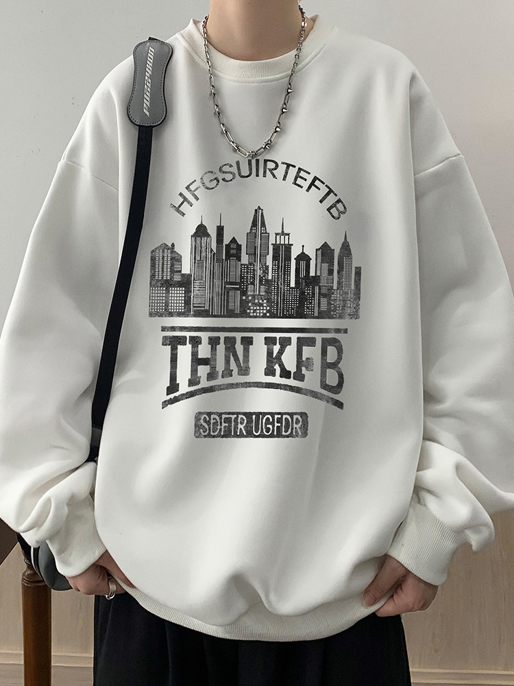 봄 가을 남성용 아메리칸 헤비급 라운드 넥 화이트 스웨트 셔츠 새로운 복고풍 트렌디 브랜드 캐주얼 플러스 사이즈 남아용 상의