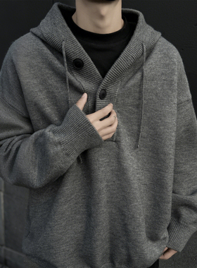 VUUG灰色重磅半开衫针织毛衣男款春秋季潮牌宽松休闲男生连帽外套