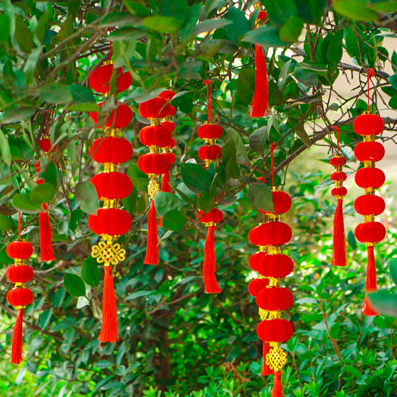 2027新款新年小红灯笼过年春节喜庆植绒串盆景挂件挂饰家用装饰