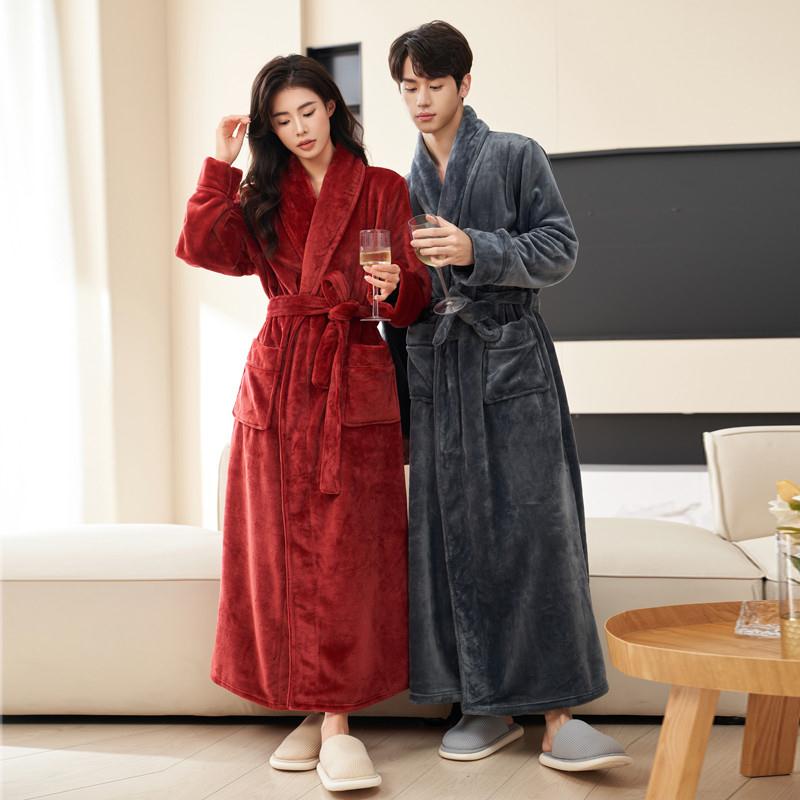 双面加绒睡袍加厚冬季男士睡衣保暖情侣浴袍法兰绒女加长款家居服