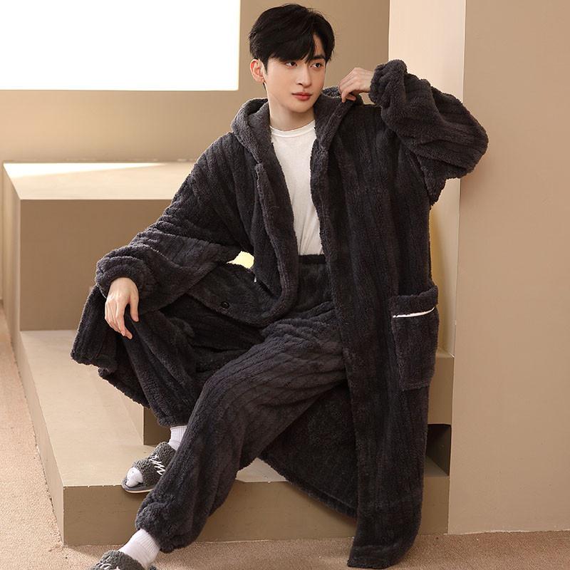 冬季珊瑚绒睡衣男士加绒加厚睡袍加肥特大码300斤法兰绒长袍浴袍