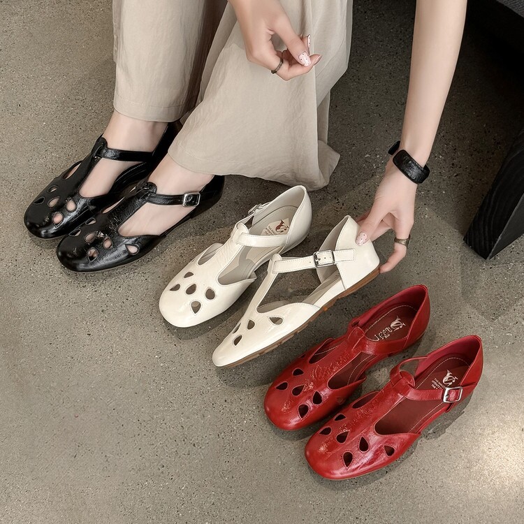 夏季镂空牛皮粗跟玛丽珍凉鞋女