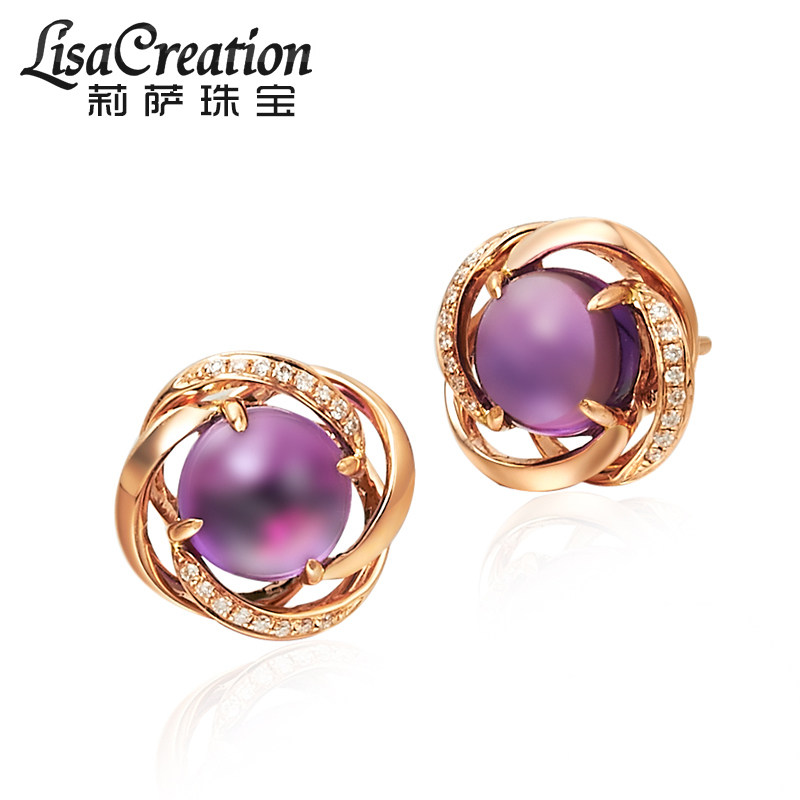 19克拉天然紫水晶耳钉18k玫瑰金紫晶耳坠宝石镶钻耳钉