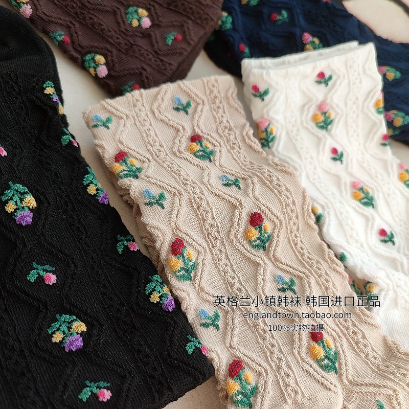 三双包邮正版韩国东大门浮雕小碎花朵中筒袜女春秋冬长棉袜麻花