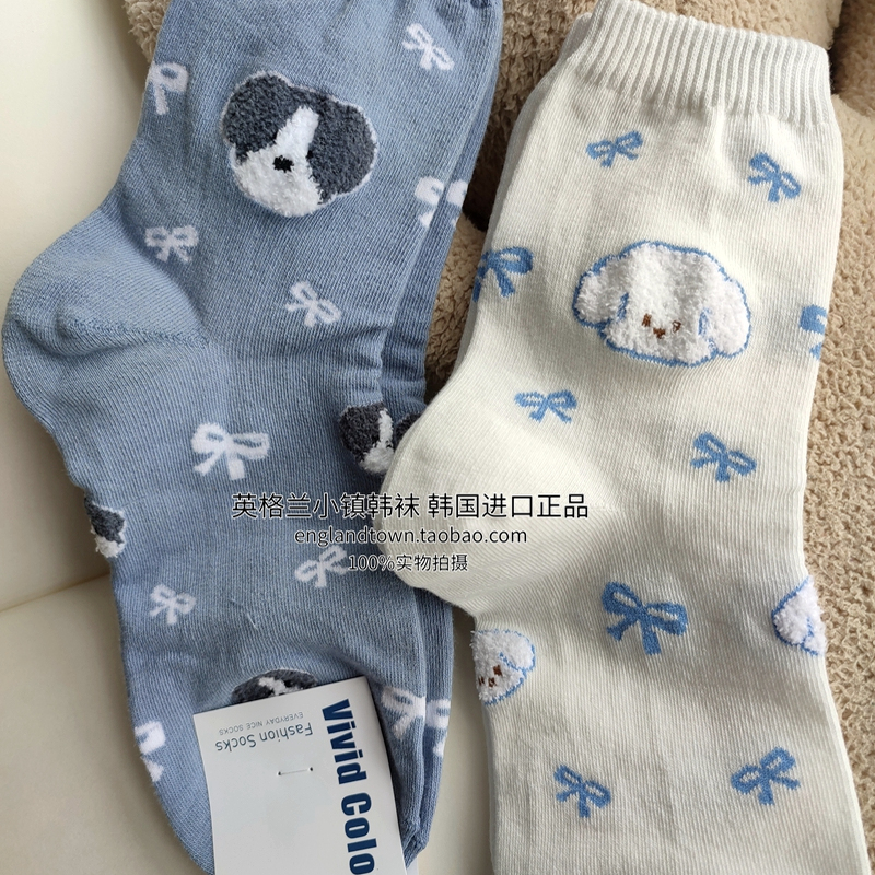 进口韩国正品东大门小狗图案白色蝴蝶结中筒袜女可爱卡通秋冬