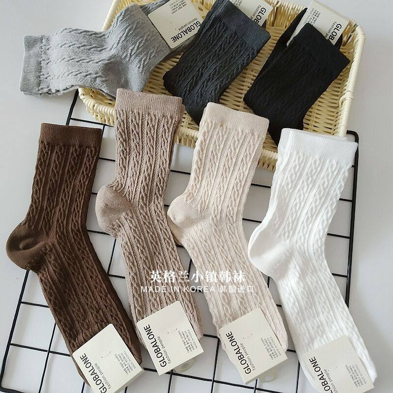 进口韩国东大门麻花中筒袜薄棉春秋纯色潮ins女长黑白灰咖啡色
