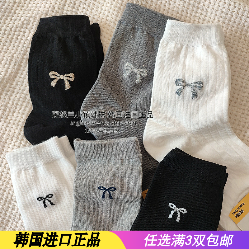 进口韩国东大门新款四季蝴蝶结中筒女袜纯棉黑白色灰图案薄棉春秋