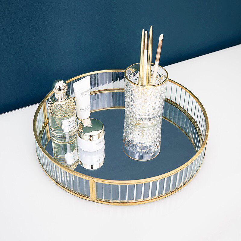 北欧轻奢透明金属镜面玻璃托盘婚礼装饰摆件圆形香水化妆品收纳盒