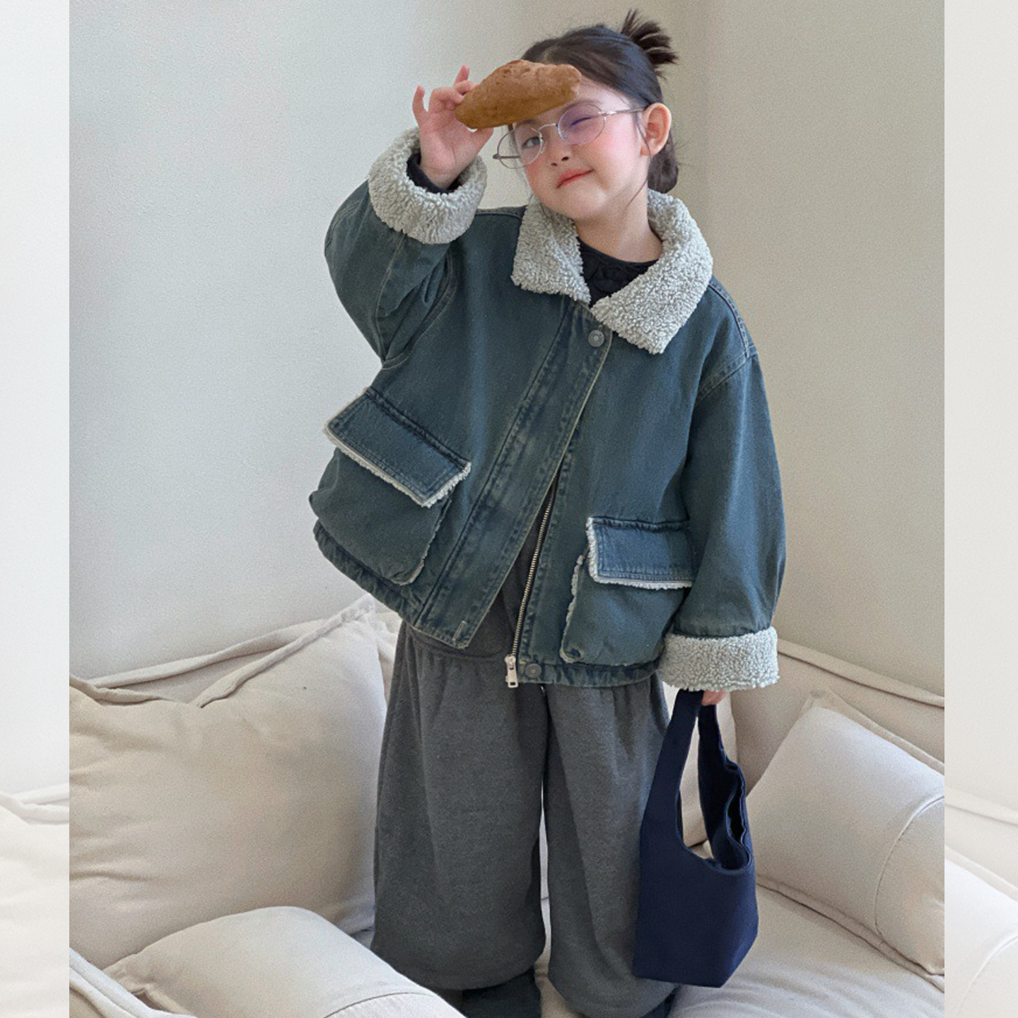 韩秋版冬女童毛领外套儿童气质夹棉立体口袋牛仔大衣加绒阔腿长裤