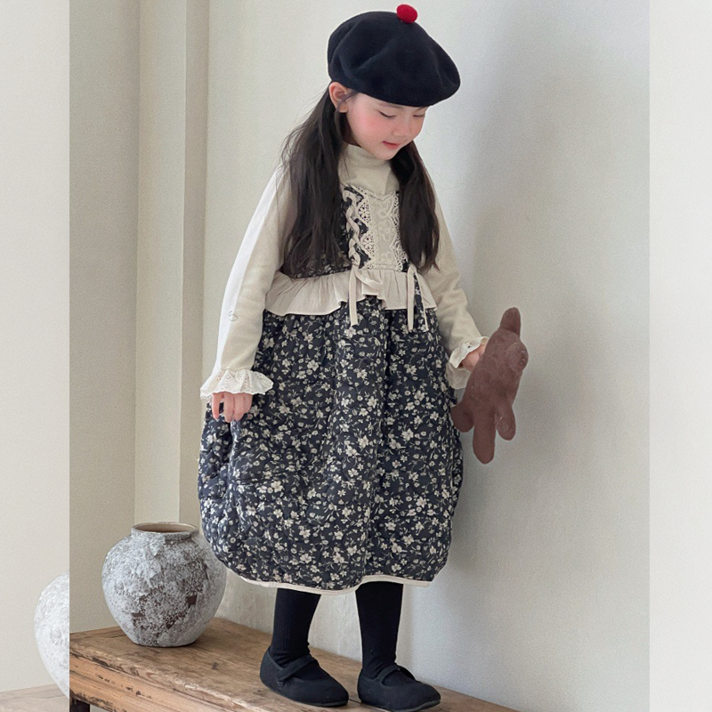 2025韩版女童秋冬装米色加厚打底衫碎花吊带群夹棉连衣裙两件套装