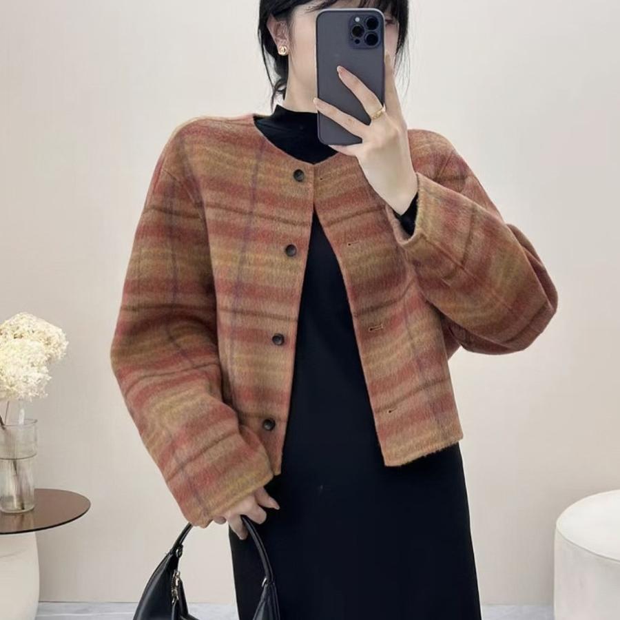 格子双面羊绒大衣女2024秋冬新款高级感短款毛呢外套韩版显瘦