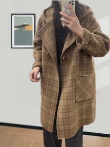双面羊绒大衣女中长款韩版显瘦秋冬连帽格子高级毛呢外套2024新款