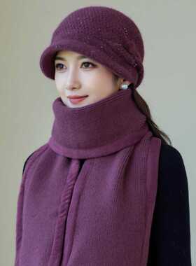 女士秋冬针织帽围巾一体套装加绒保暖护耳毛线帽妈妈款防寒围脖帽