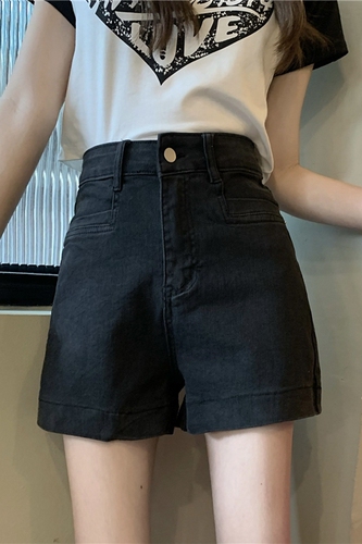 Real price retro versatile charcoal black denim shorts Korean high waist thin sweet cool wide leg hot pants