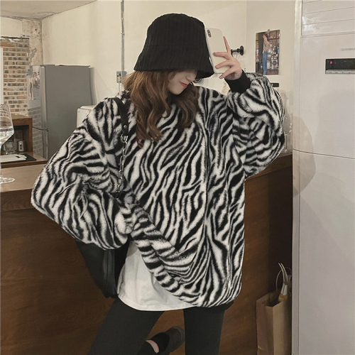 Real price! Western style zebra pattern cashmere and cashmere sweater autumn winter loose round neck Pullover