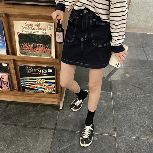 Real price! 2022 bright line jeans skirt dark blue retro high waist slim and versatile A-line skirt