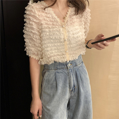 Real price! Korean V-neck loose and thin stitching lace shirt three dimensional wood ear edge chiffon shirt