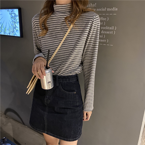 Real shot real price Korean loose half high collar bottomed shirt with top and horizontal stripe brushed T-shirt