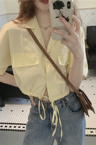 Real price! Light yellow Lapel short pleated shirt women's Korean V-neck small fresh shirt