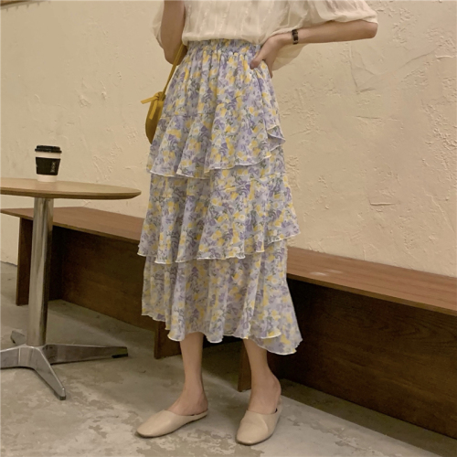 Real price! Autumn cake skirt fairy floral long skirt high waist thin skirt Chiffon Skirt