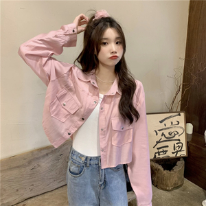 RM9826#白色宽松小个子短款衬衫外套韩版复古百搭工装防晒开衫