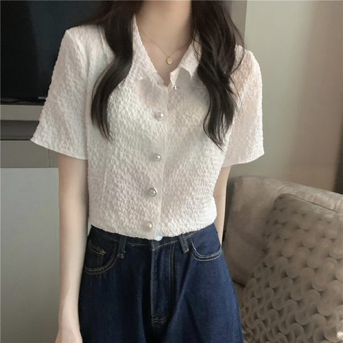 Real price purple Pleated Chiffon short sleeve shirt women's design sense niche pearl button top fashion