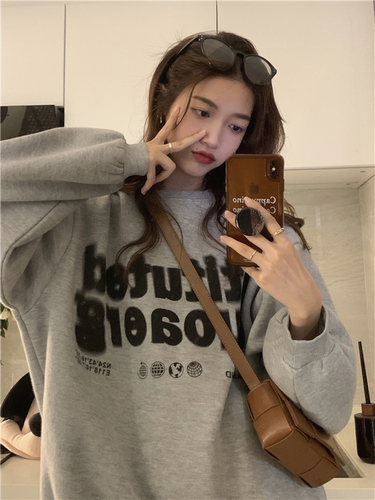 Real price! Korean student retro grey loose round neck Plush sweater fall winter versatile top