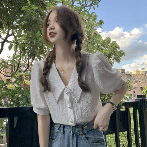 Real price retro French bubble sleeve top Korean version air nail bead Lapel age reducing short sleeve shirt