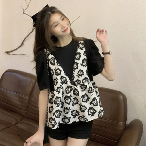 RM9783#韩版复古宽松蕾丝边假两件雪纺衫夏季花色拼接短袖上衣