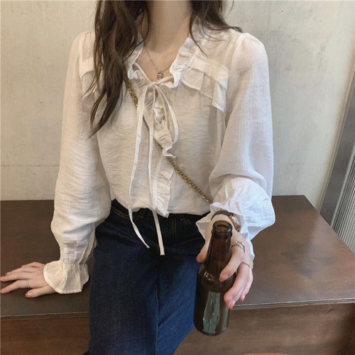 Real price! Korean loose lace up long sleeve top women's French temperament gentle V-neck lace shirt