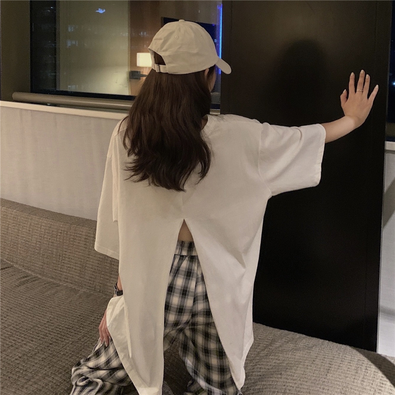 Real price! Korean retro simple loose medium long solid color large back split short sleeve T-shirt