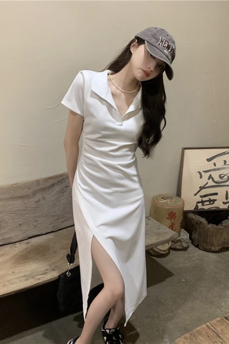 Real price white polo collar dress Korean version slim slim irregular split buttock dress