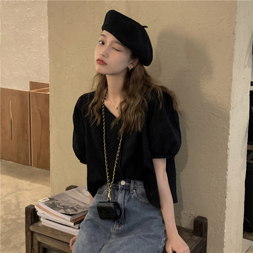 Real price! Korean style French girl jacquard shirt women's loose V-neck bubble sleeve top