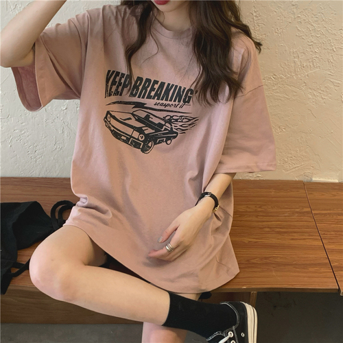 Real price! Korean retro loose letter car design medium length undershirt missing short sleeve T-shirt