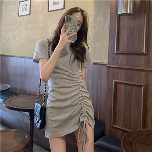 RM9779#纯欲辣妹设计感裙子女修身显瘦包臀短裙抽褶短袖T恤裙