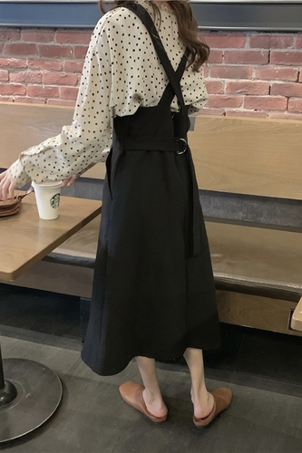 Real price! Back cross black strap skirt wave dot Round Neck Lace Long Sleeve Shirt two-piece set