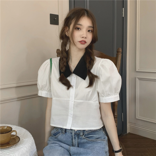 Real price! Korean bubble sleeve short shirt design feeling contrast Lapel niche French top