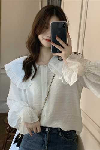 Real price! Korean retro autumn and winter with long sleeve shirt female French doll collar versatile shirt