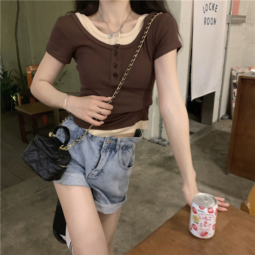 Real price! Chic contrast color fake two short sleeved pit strip t-shirt female slim knit top fashion