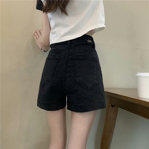 Real price retro versatile charcoal black denim shorts Korean high waist thin sweet cool wide leg hot pants