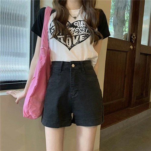 Real price retro versatile charcoal black denim shorts Korean high waist thin sweet cool wide leg hot pants