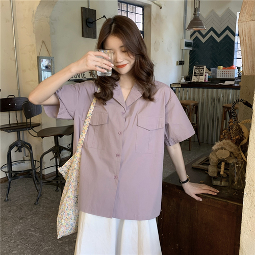 Real shot real price Korean suit small Lapel cotton pocket hem split simple versatile short sleeve shirt