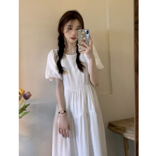 !  Purple Puff Sleeve Dress Female Korean Version First Love Retro High Waist Loose Short Sleeve Pleated Long Dress