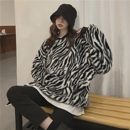 Real price! Western style zebra pattern cashmere and cashmere sweater autumn winter loose round neck Pullover